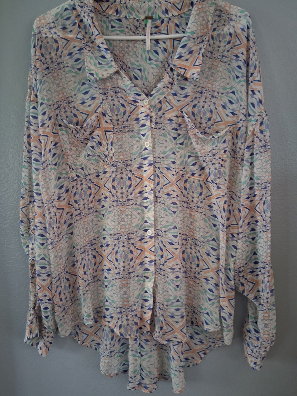 Free People Artsy Geometric Sheer Button Up Tee Shirt Large (See Description)